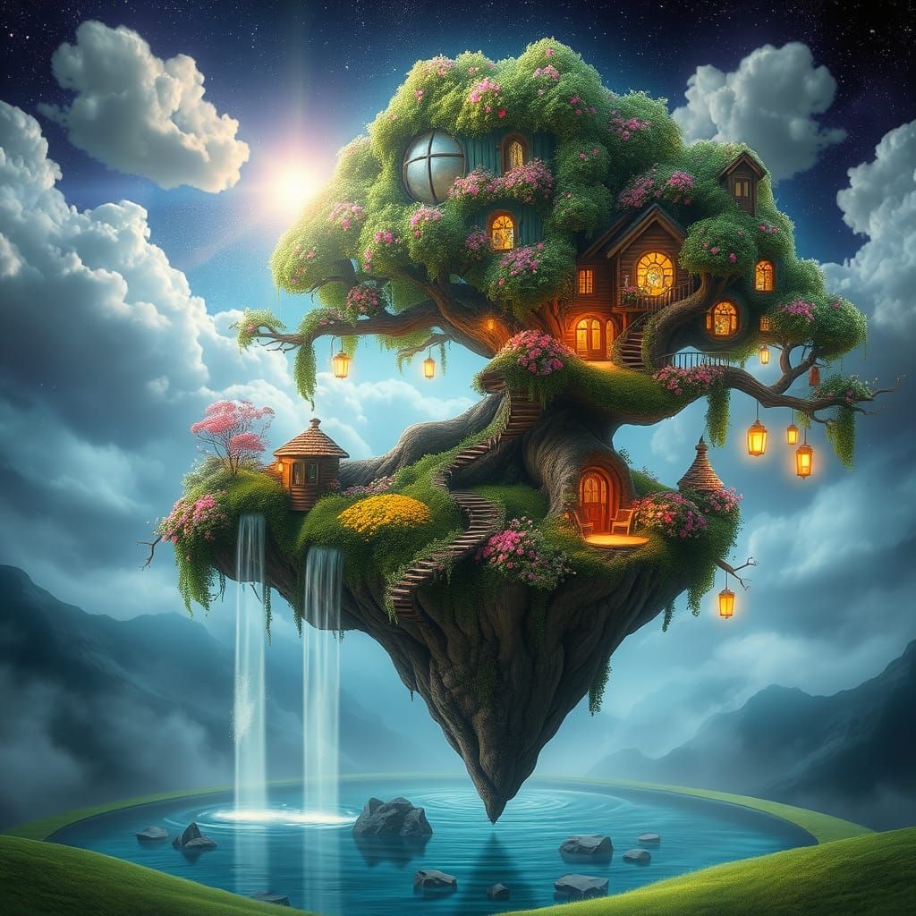 Whimsical Floating Oasis with Ancient Tree and Rainbow-Color...