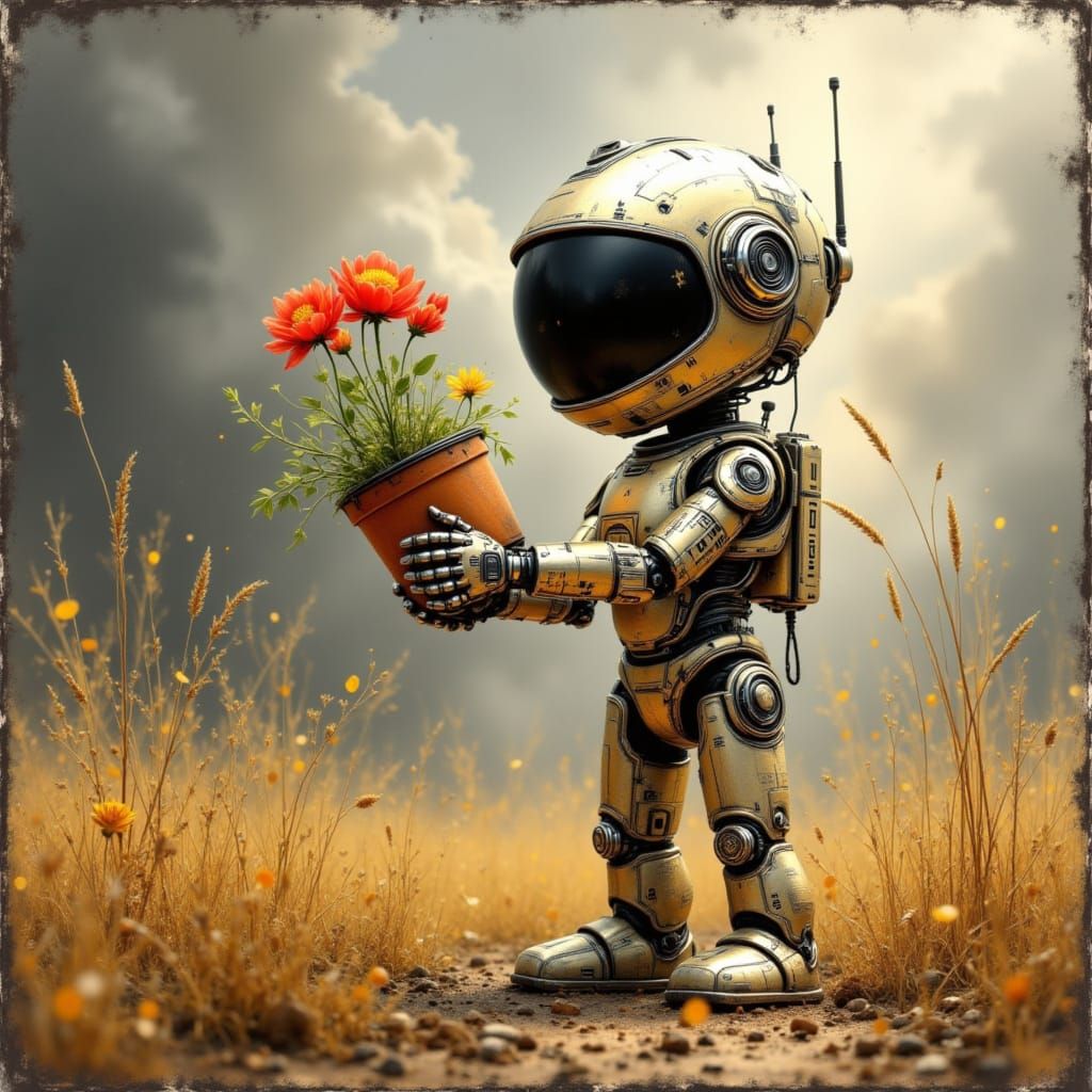 Cute Robot Holding a Flowerpot