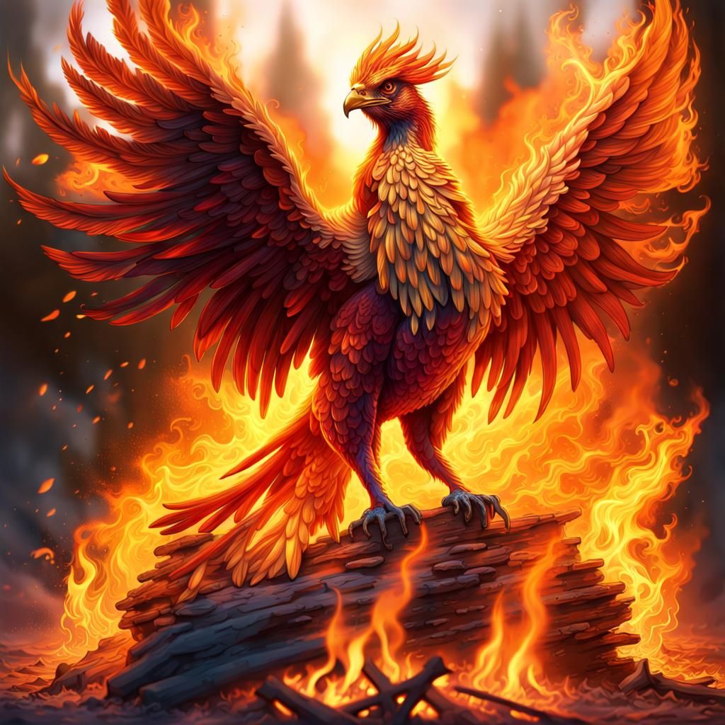 Fiery Phoenix Rising from Campfire Ashes