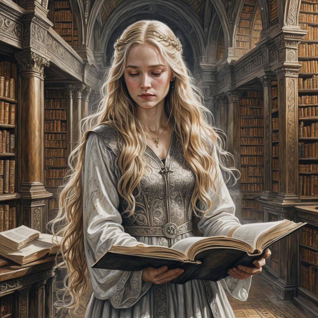 Eowyn Reads in Ancient Library, Detailed Charcoal Drawing