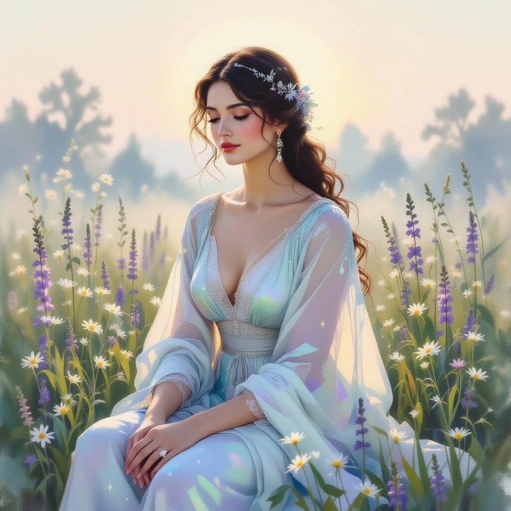 Goddess of the Morning Dew: Ethereal Gouache Painting