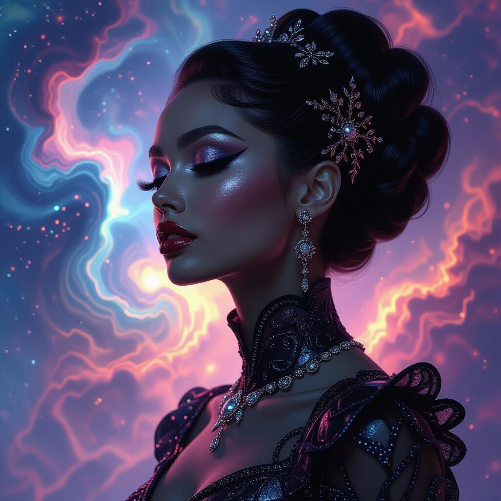 Ethereal Obsidian Woman Portrait in High-Fashion Style