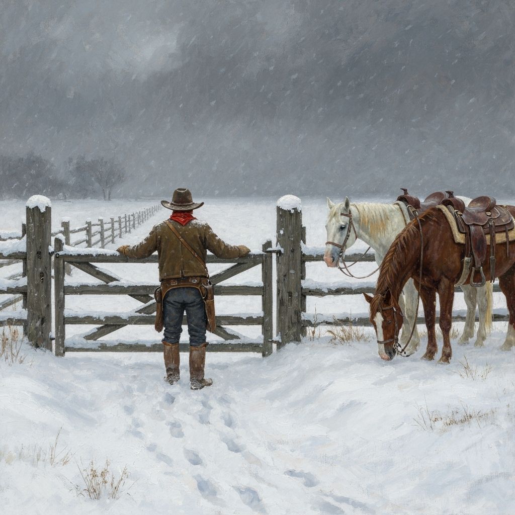 Lone Cowboy Opens Old West Gate in Snowy Landscape