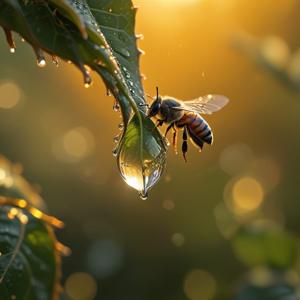 Macro Raindrop Reflecting Light and Leaf