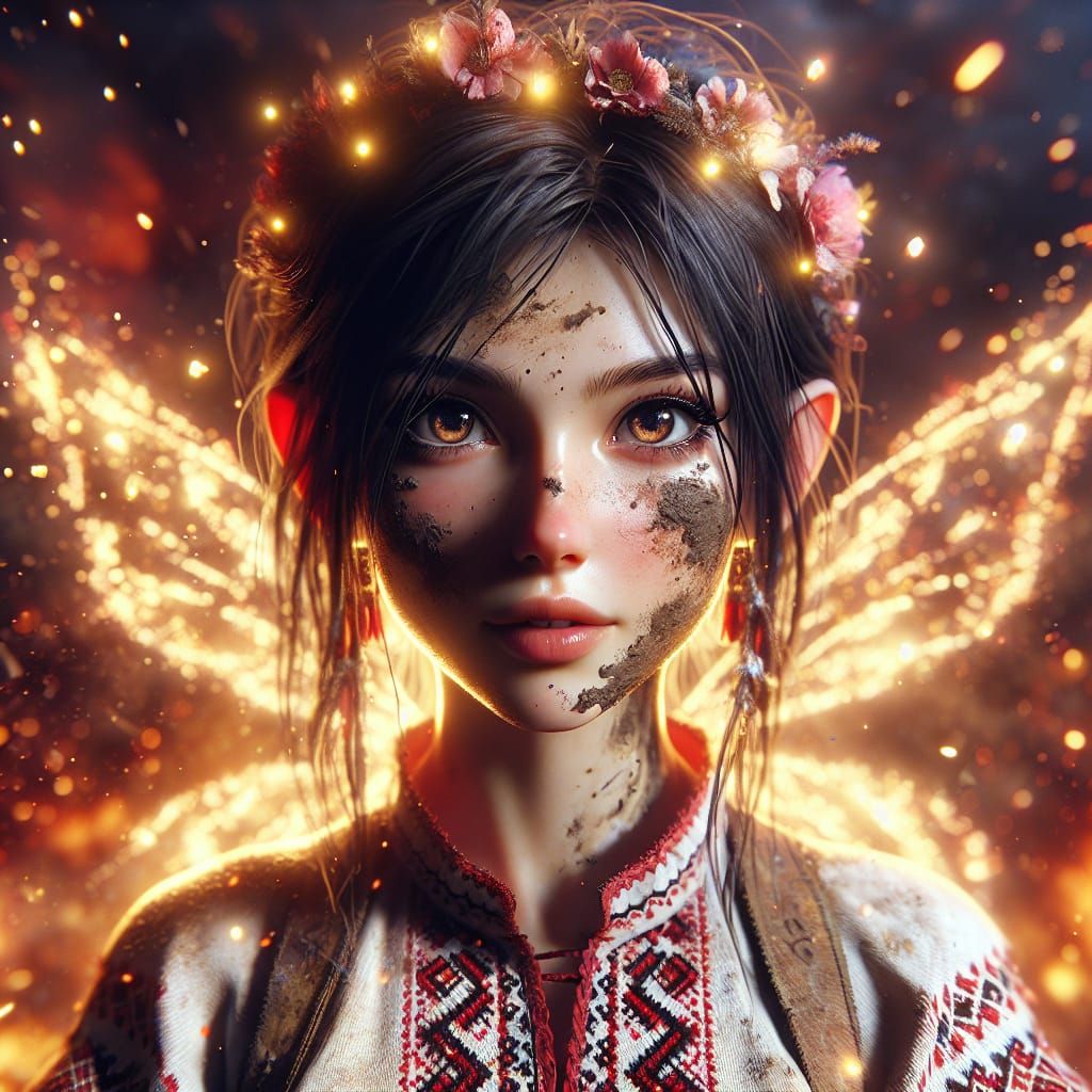 Ukrainian Girl with Fairy Wings in Volumetric Lighting
