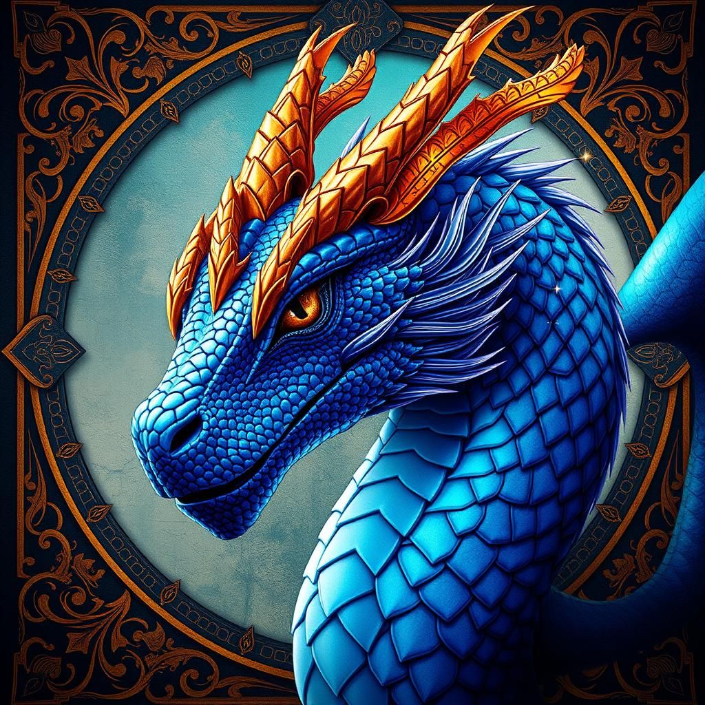 Majestic Blue Dragon in Art Nouveau Style