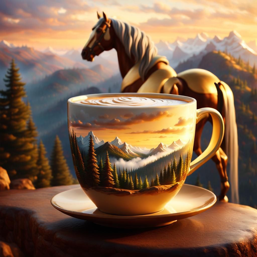 Ethereal Latte Horse on Mountain Peak