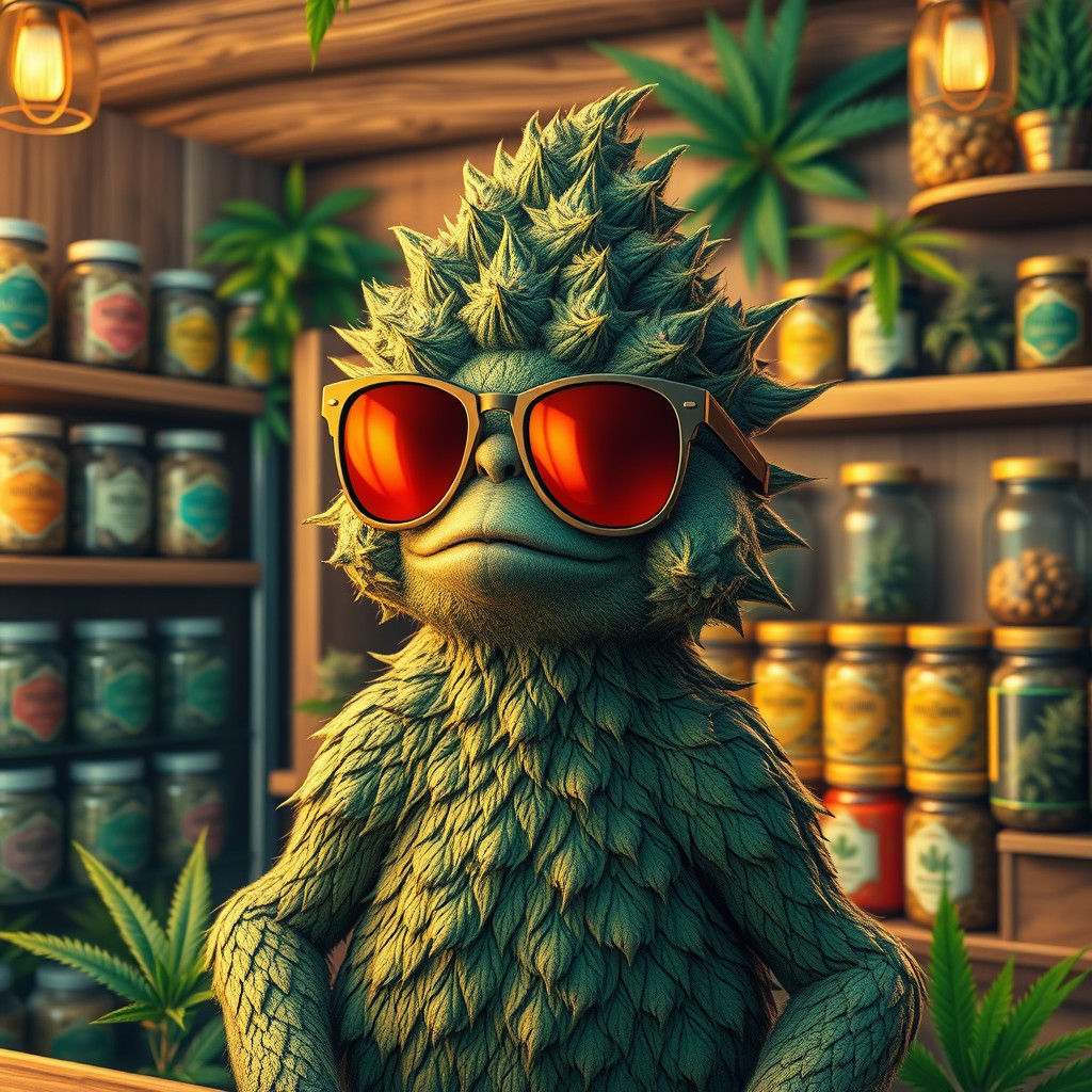 Cannabis Bud Character in Dispensary, Splash Art