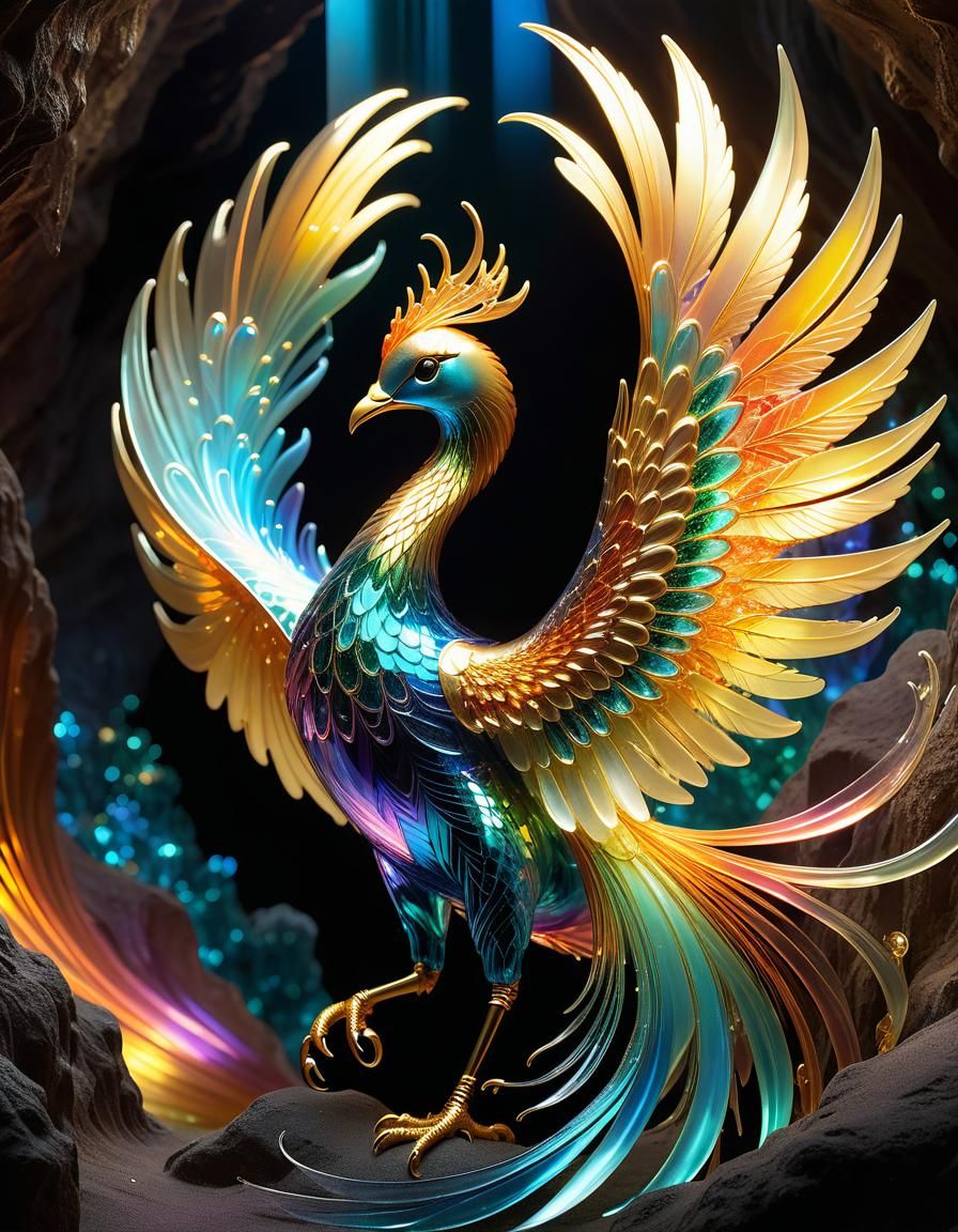 Iridescent Glass Phoenix in Cave, Holographic Art