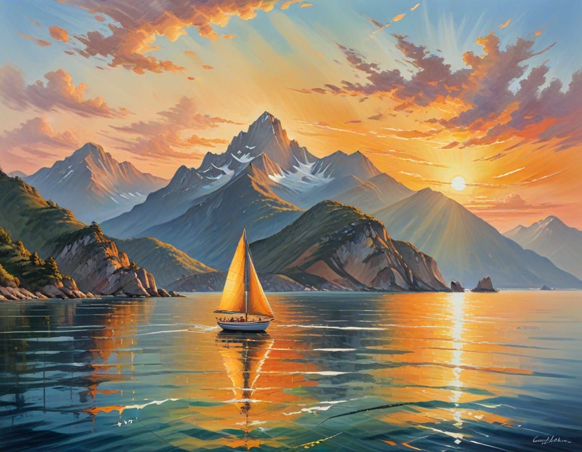 Vibrant Sunset Sailboat Gouache Painting, Impressionistic St...