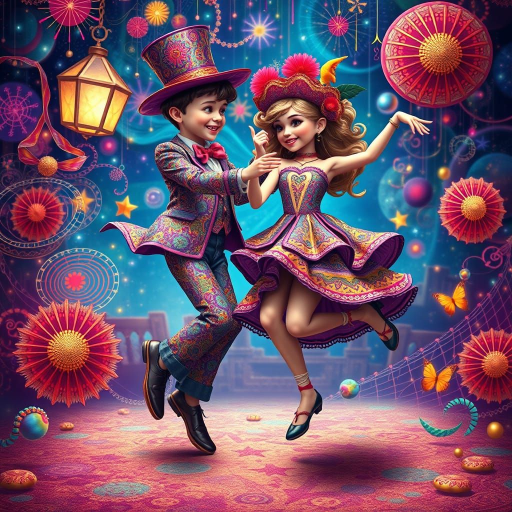 Joyful Carnival Dancers in Whimsical Dreamlike Scene