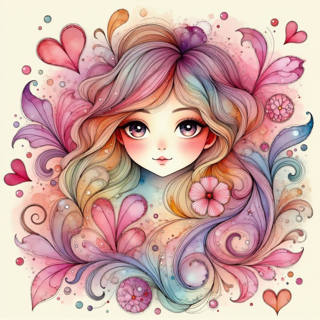 Vibrant Whimsical Portrait in Pastel Colors with Hearts and ...