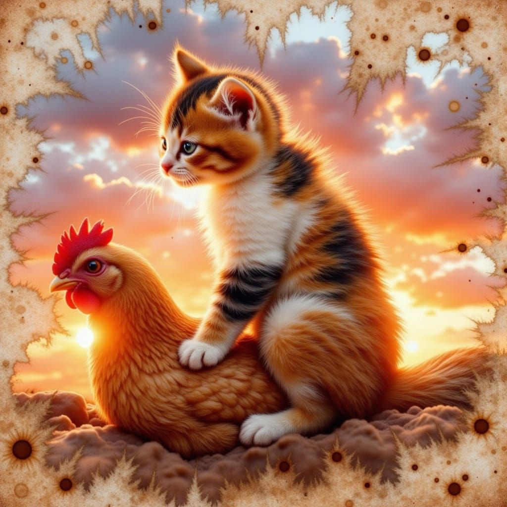 Calico Kitty and Hen in Double Exposure Sunset