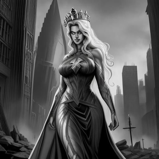 Colossal Woman with Crown in Comic Book Style