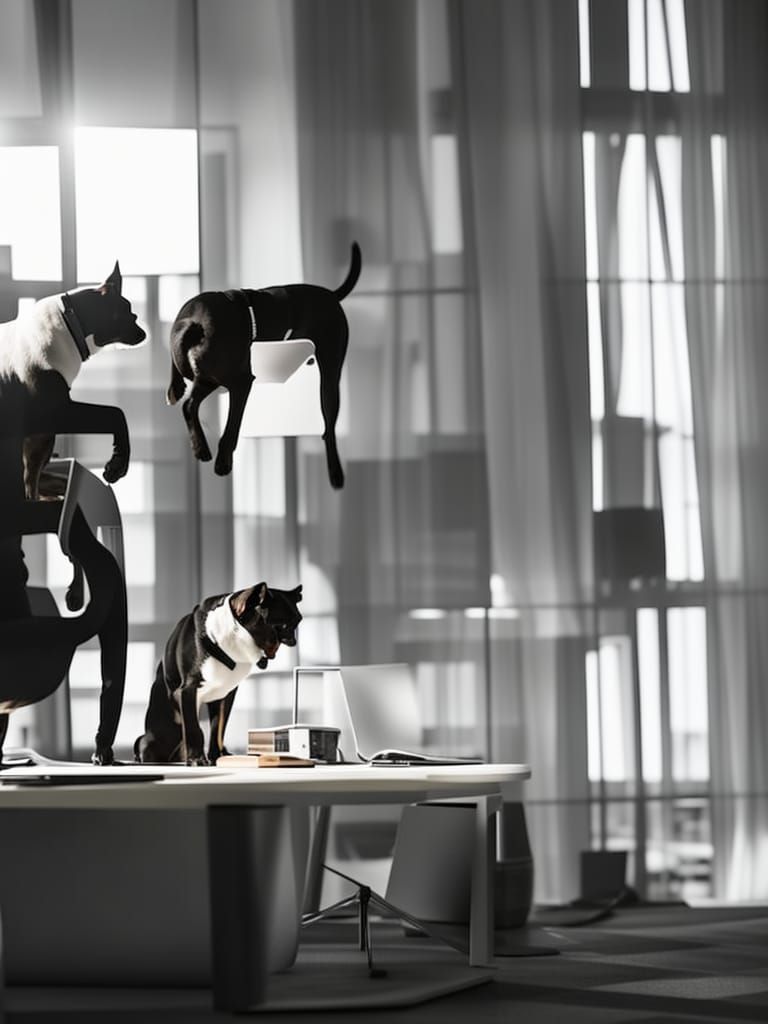 Dogs in Suits Work in City Office at Night