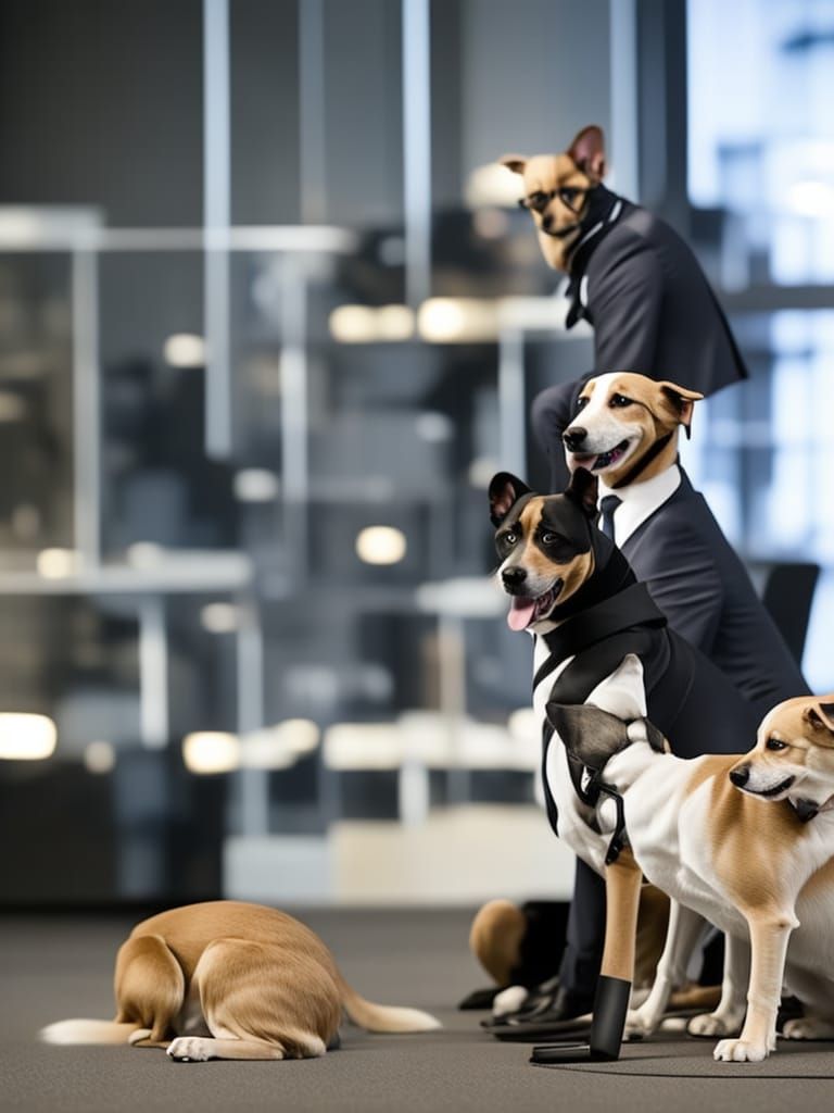 Dogs in Suits Work in City Office at Night