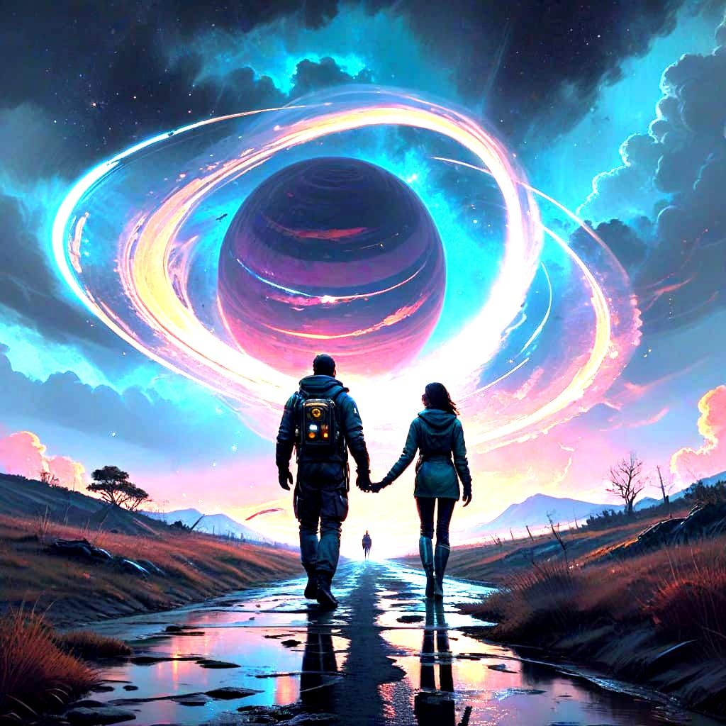 Joyful Spacewalkers on Saturn's Rings in Vibrant Colors