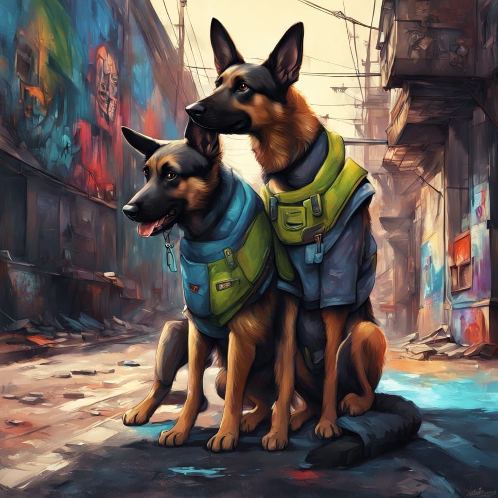 German Shepherd and Boy in Vibrant City Alleyway, Hyperreali...