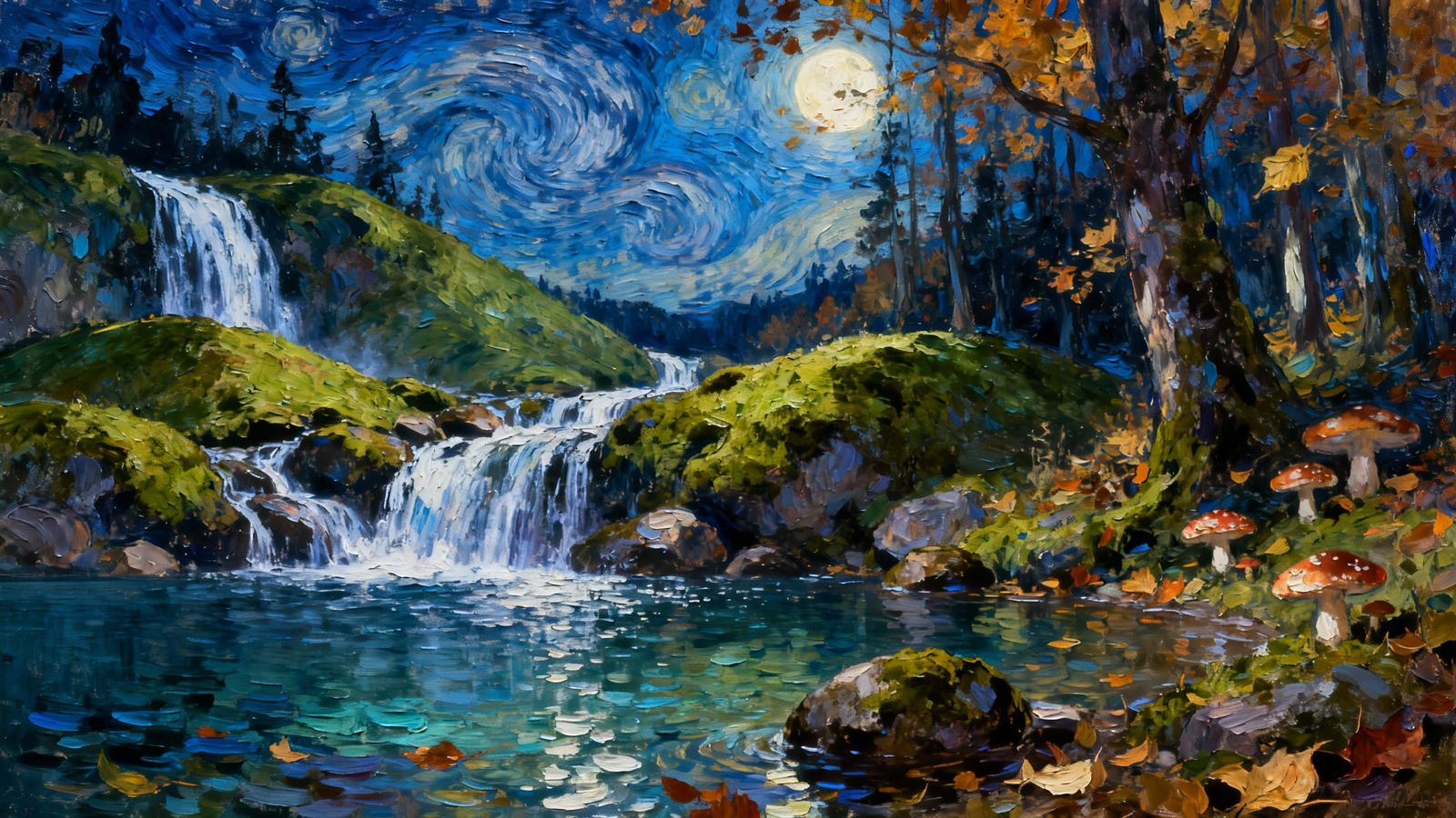 Mysterious Autumn Waterfall in Dreamlike Moonlight