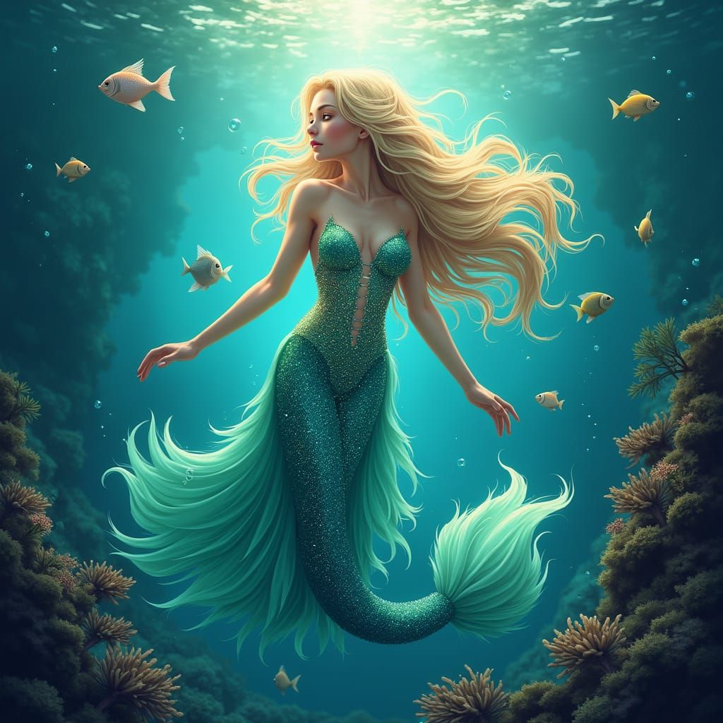 Enchanting Blonde Mermaid Under the Sea Illustration