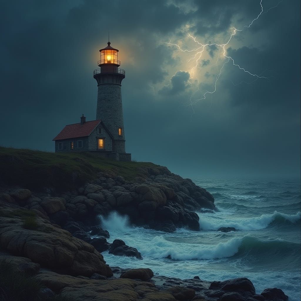 Lighthouse in Autumn Storm: A Bierstadt-Inspired Seascape