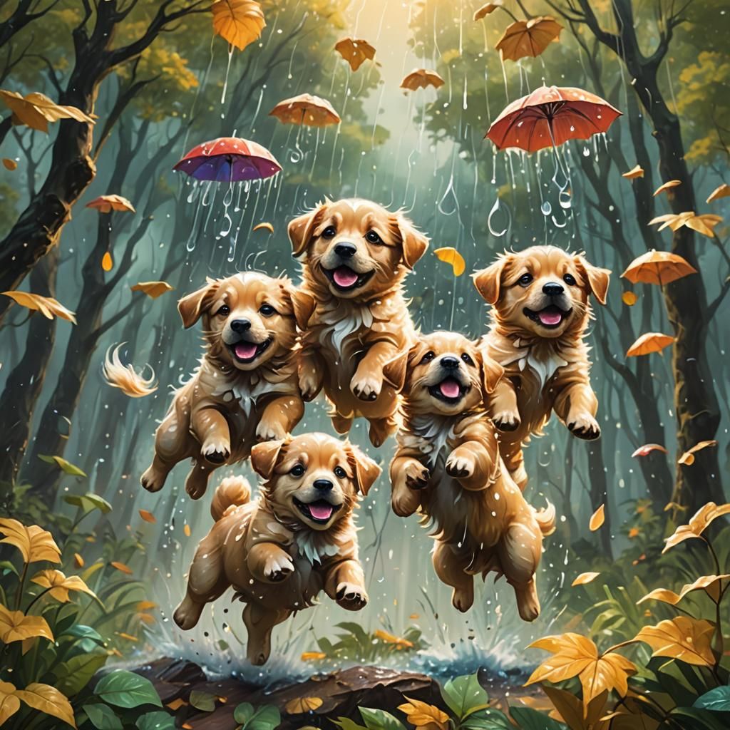 Puppies Falling From Sky: Whimsical Fantasy Art