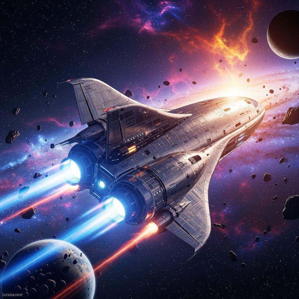 Rocket Ship Soaring Through Starry Galaxy