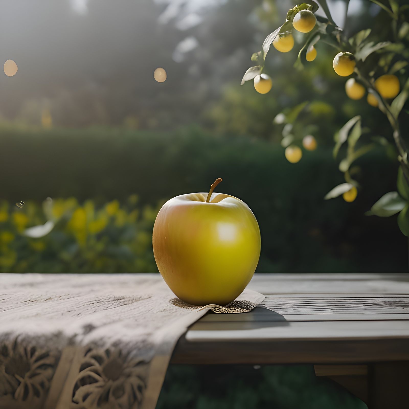 Hyperrealistic Yellow Apple on Garden Table