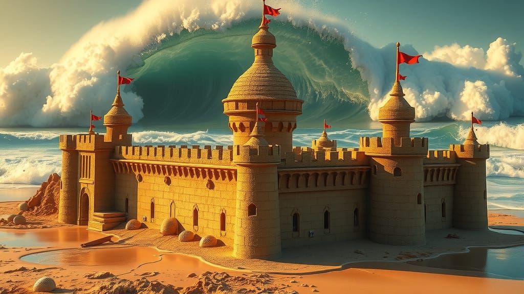 Majestic Sandcastle Faces Colossal Wave in Hyper-Realistic S...
