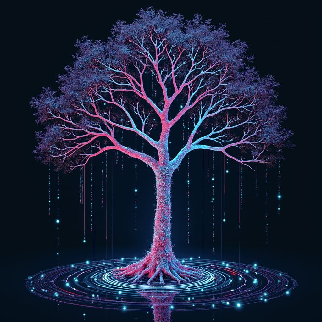 Vibrant Code Tree with Cyberpunk Circle Graph