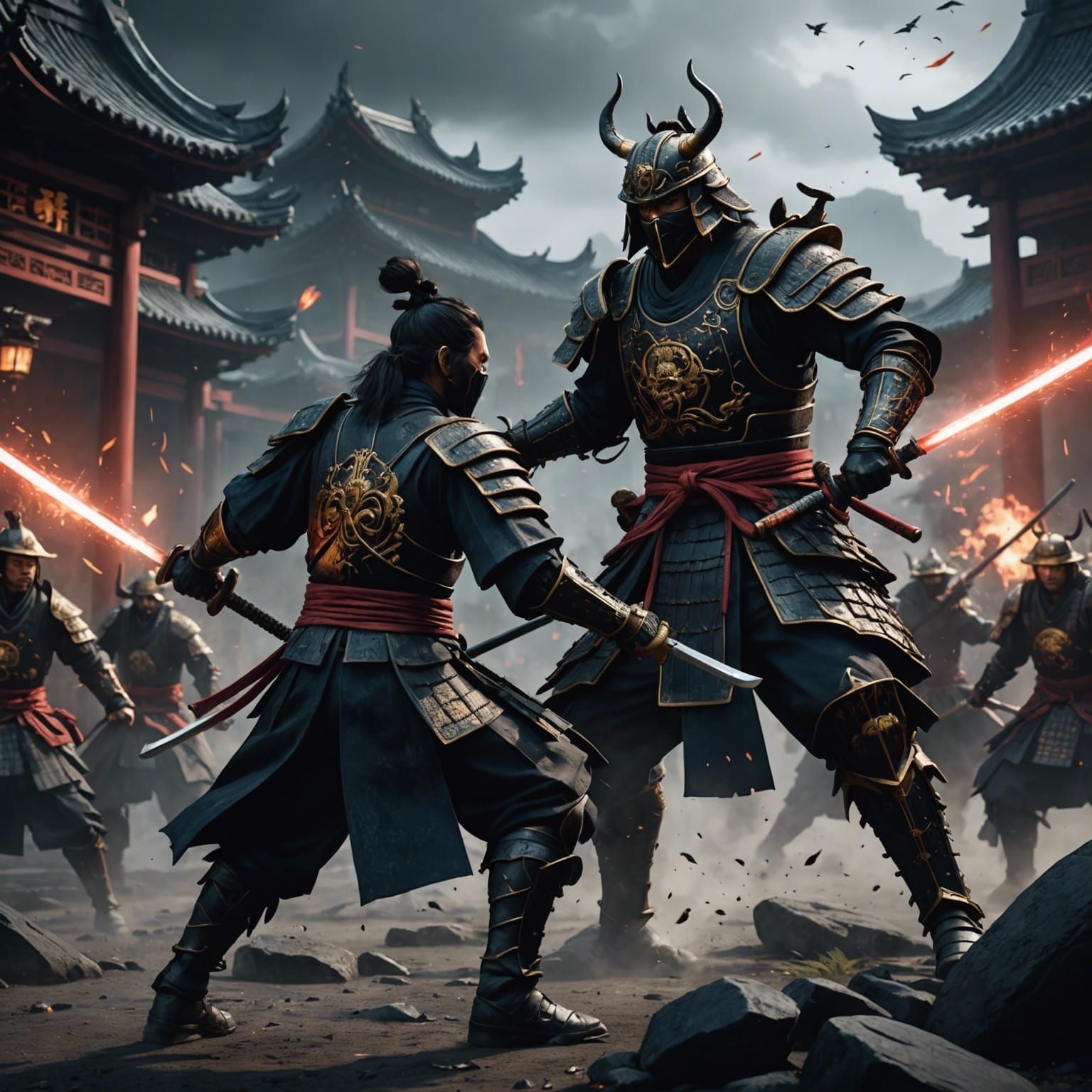 Epic Dark Samurai Fight in Detailed Matte Painting