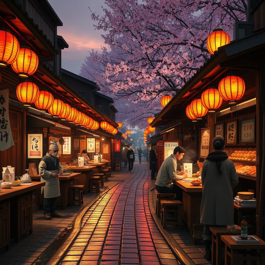 Traditional Japanese Street Market at Dusk