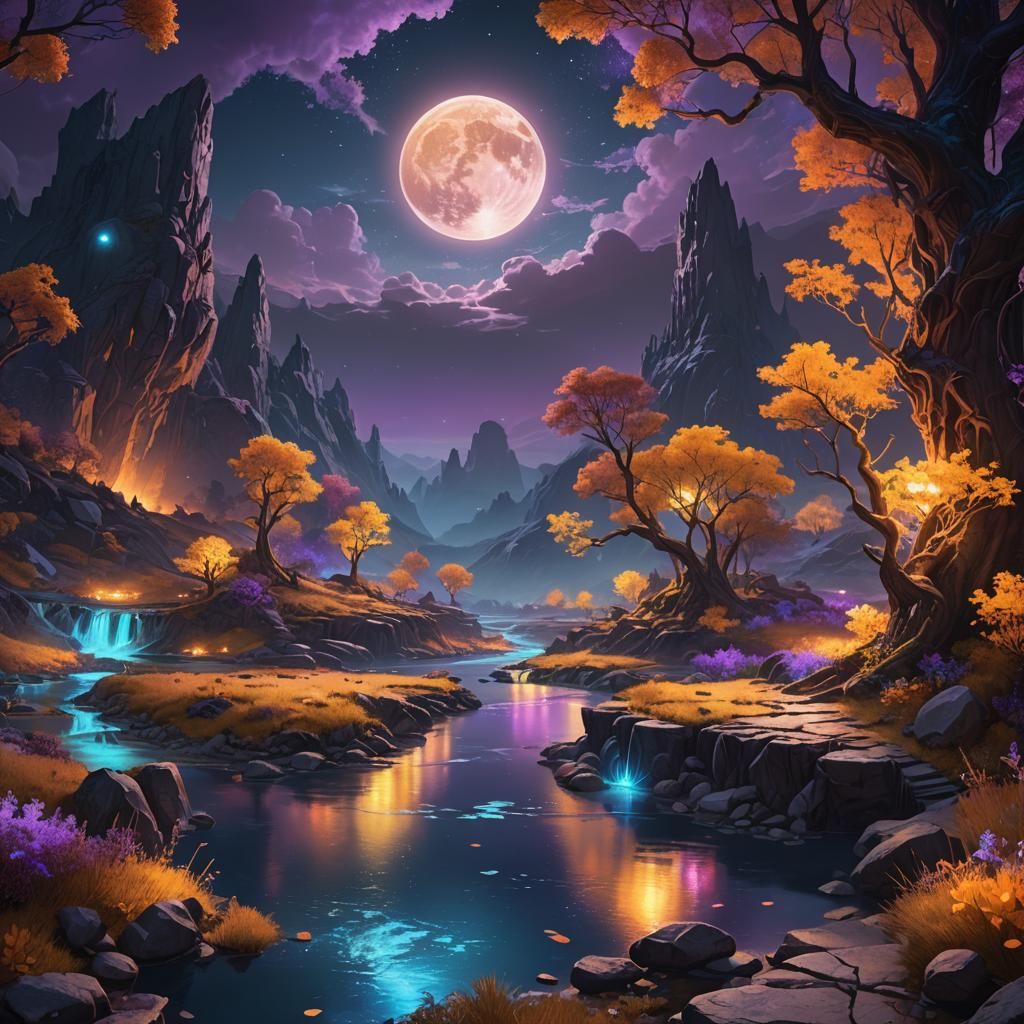 Magical Moonlit Rivers in Fantasy Landscape