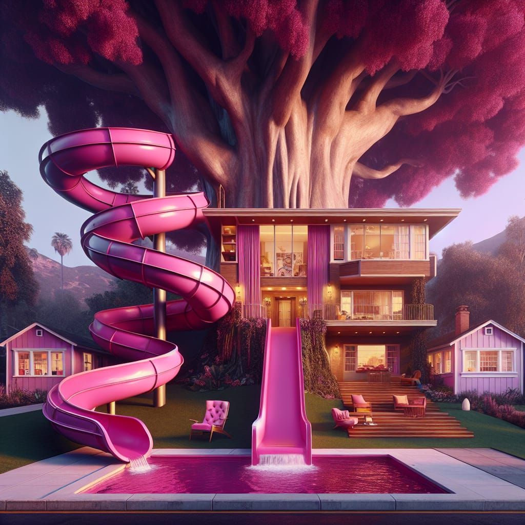 Fuschia Treehouse with Pink Slide, Digital Painting