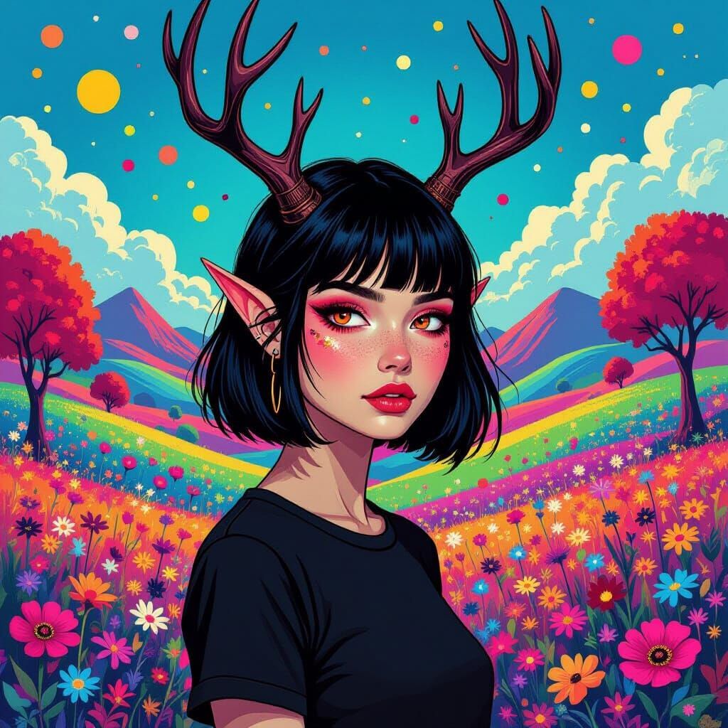 Antlered Woman in Polychromatic Graffiti Landscape