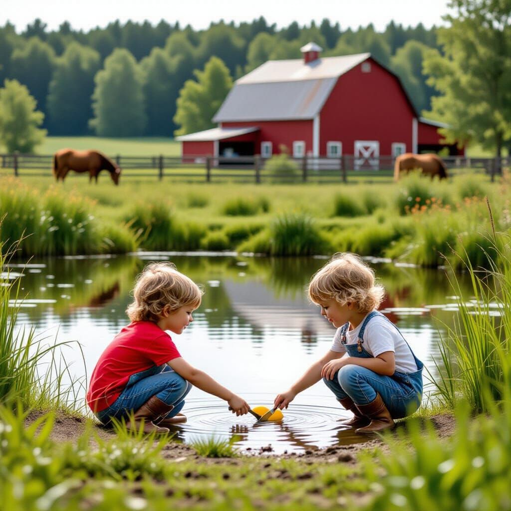 Kids Playing by a Pond on a Farm