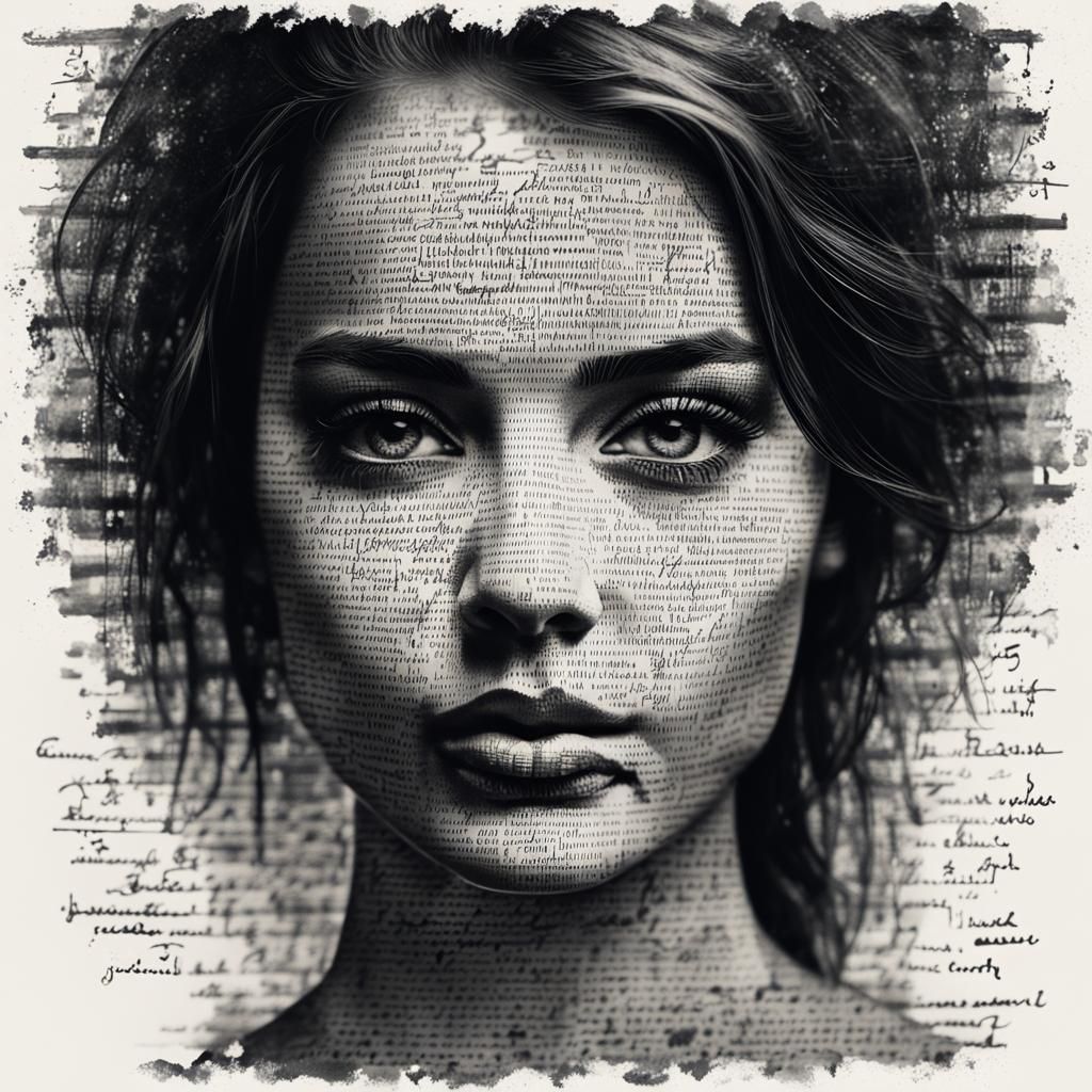 Woman's Face Composed of Words: Black and White Illustration