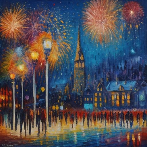 Nighttime Celebration with Fireworks in Neo-Impressionism St...