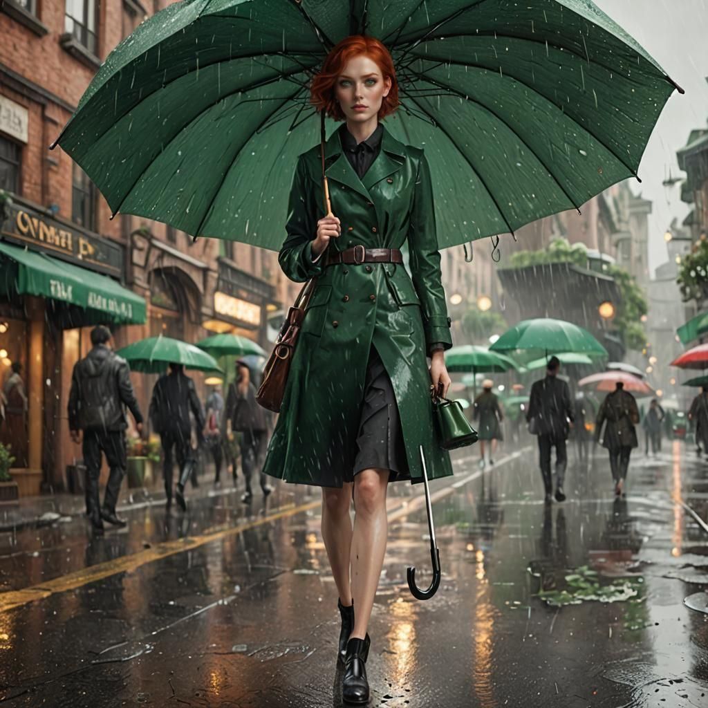 Redhead Girl with Emerald Eyes Holding Umbrella