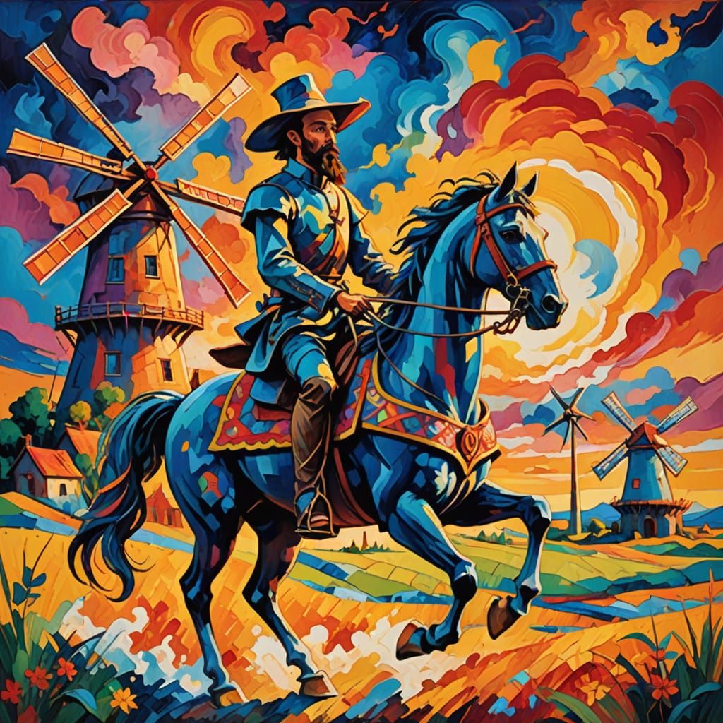 Don Quixote in Fauvism Style with Windmills
