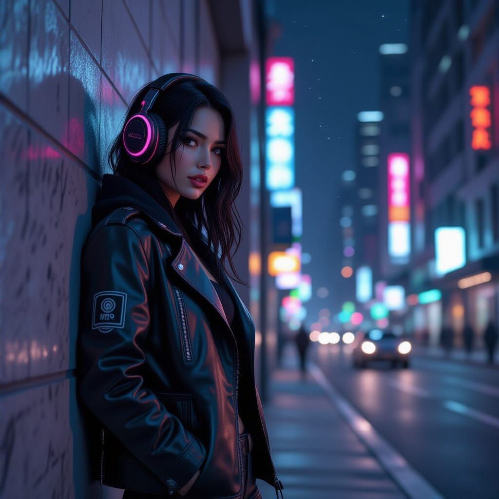Cyberpunk Woman in Neon City Street at Night