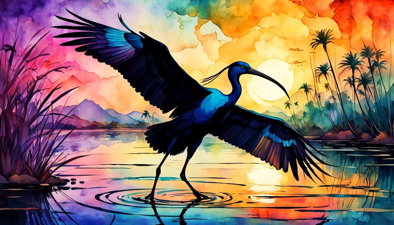 Ibis at Sunset Over Arabian Palace in Watercolor