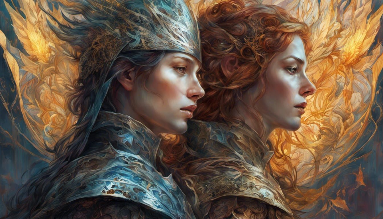 Shadow Knight Gazing at Light Elf, Digital Art