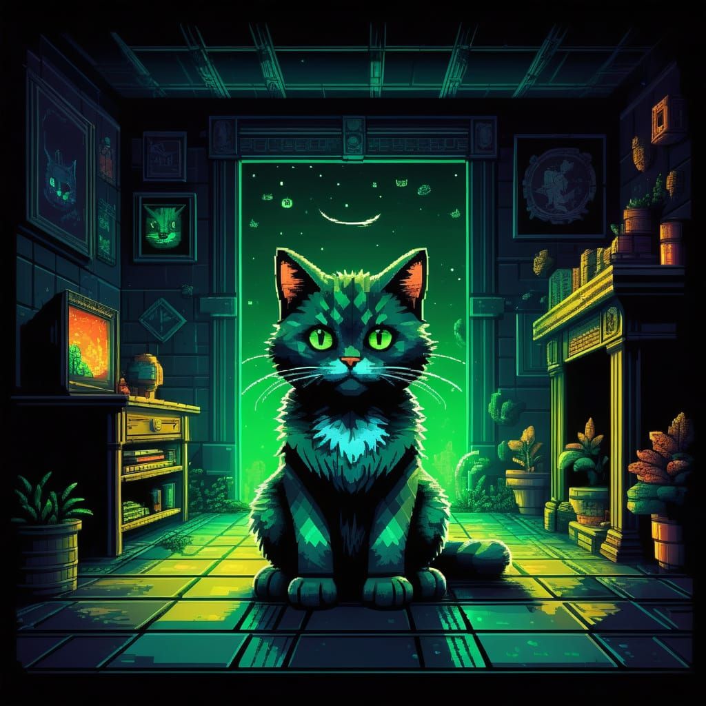 Pixelated Feline in 8-Bit Fantasy