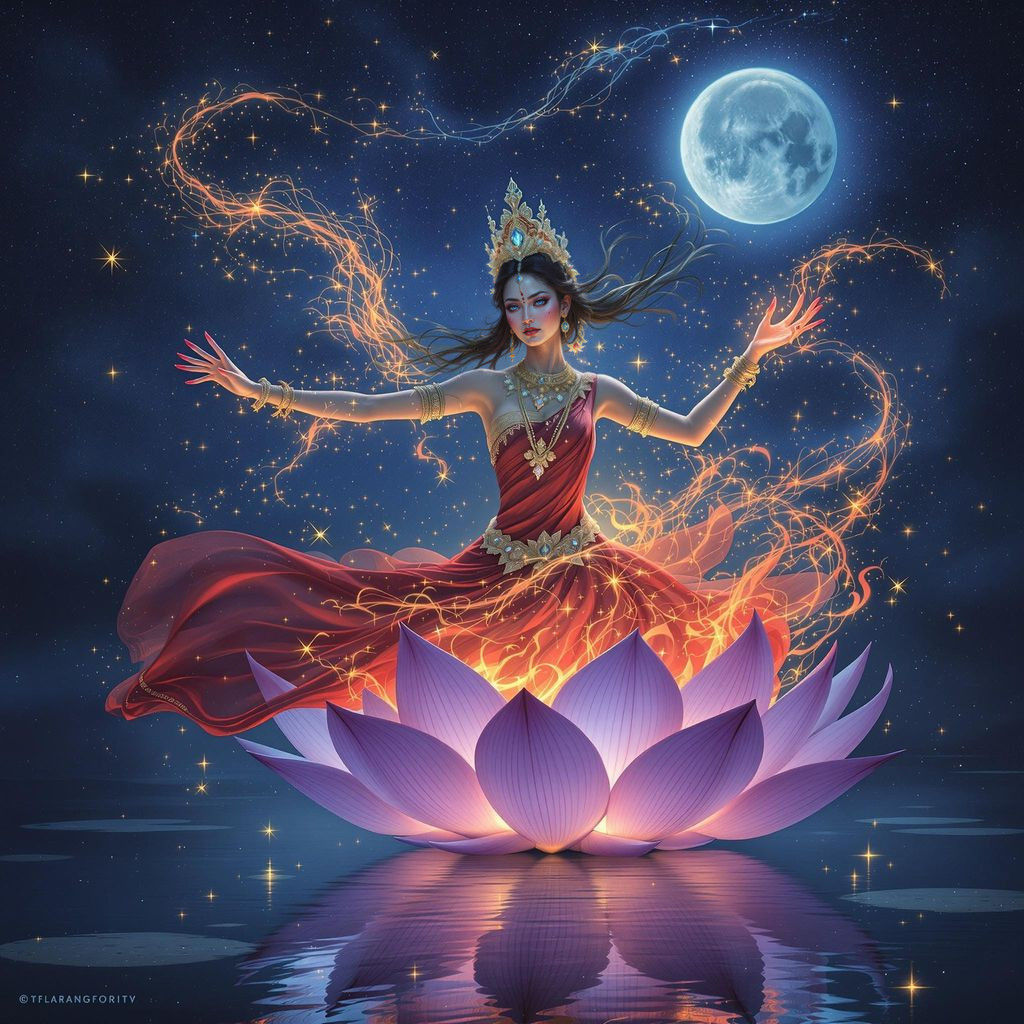 Sensual Apsara Goddess in Fiery Ruby Red Attire