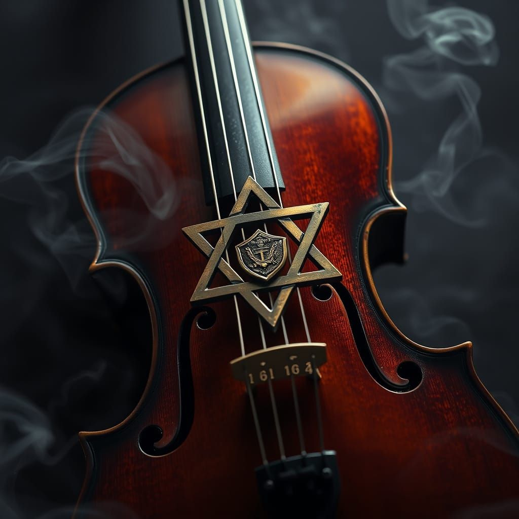 Violin Adorned with Antique Metal Stars of David in Smoky At...