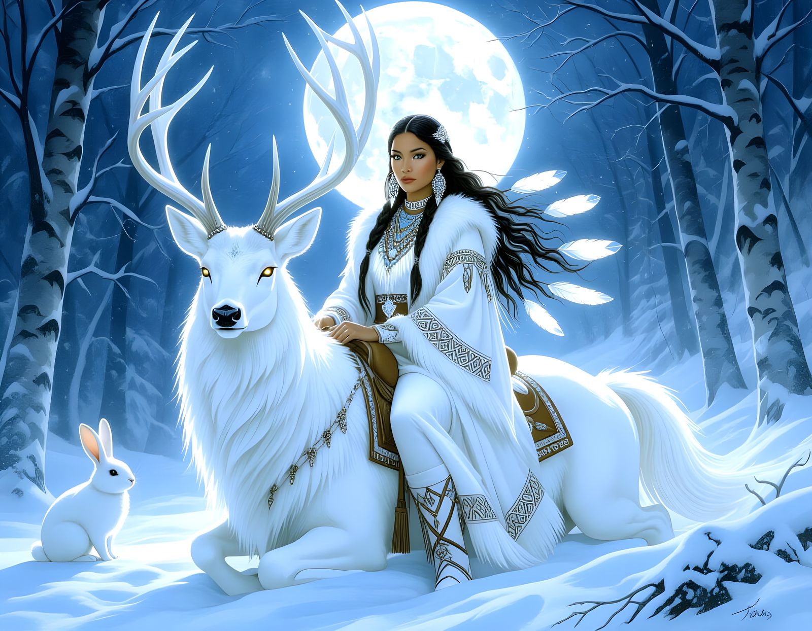 Ethereal White Deer Rider in Moonlit Forest