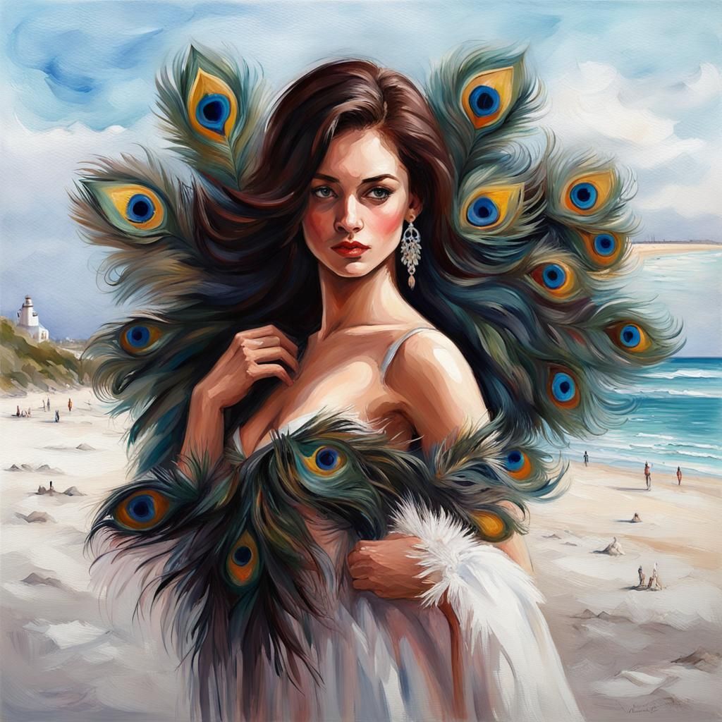Bella mujer morena vestida con plumas de pavo real paseando por la playa. in Gouache Style, Watercolor, Museum Epic Impr...