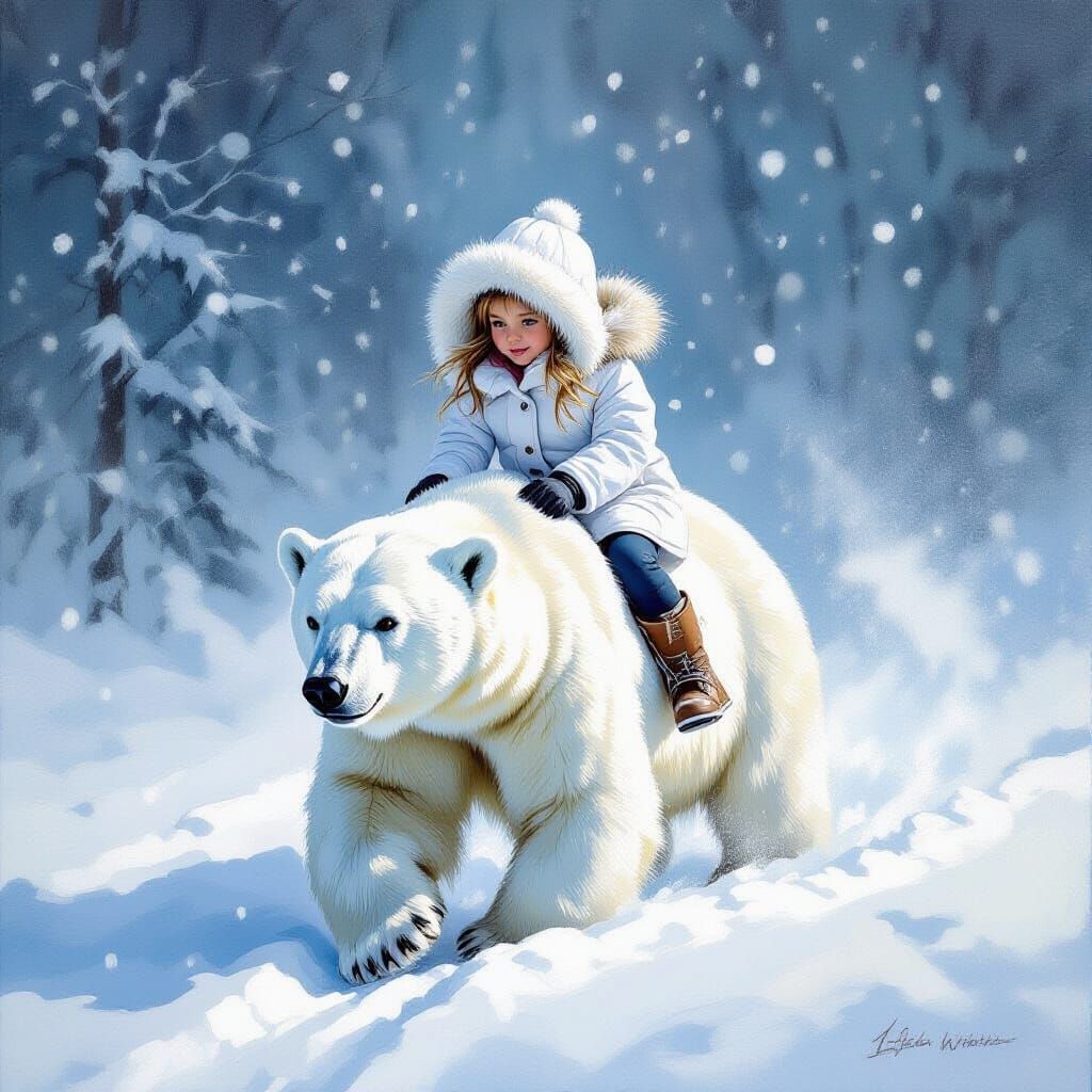 Girl Rides Polar Bear Through Snowy Blizzard