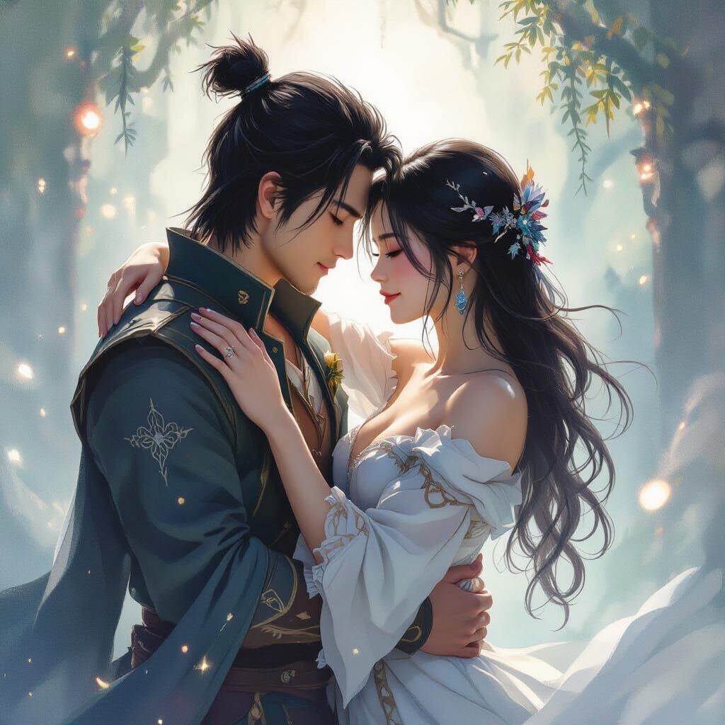 Passionate Lovers in Ethereal Fantasy Landscape